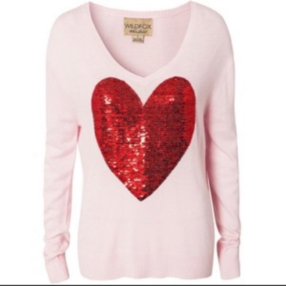 Wildfox White Label Pink w Red Sequin Heart Sweater, size small
